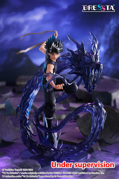 Yu Yu Hakusho Dressta Hiei Figure with black outfit, spiked hair, battle pose, and dark dragon energy effect