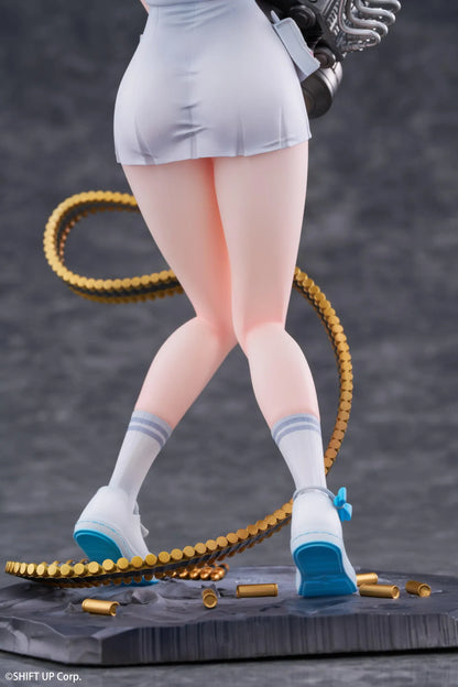 Goddess of Victory Nikke Shifty Illustration Panic Sight Deluxe Ver. 1/7 Scale Figure featuring Shifty with blue hair, tactical outfit, oversized weapon, firing effect, and ammo belt display details.