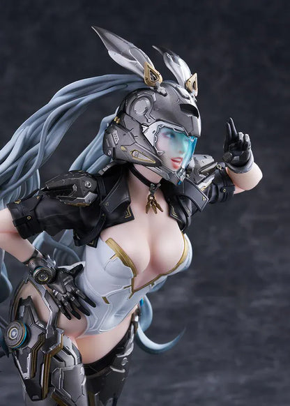 The First Descendant Ultimate Bunny 1/7 Scale Figure with futuristic armor, masked headpiece, long hair, and black silver gold battle suit