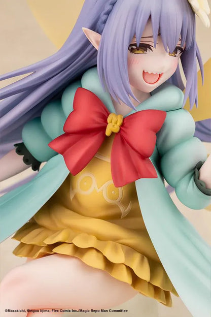 Magic Repo Man Empee 1/1 Scale Figure featuring a cheerful lavender-haired fairy with golden wings, a yellow dress, mint-green jacket, red bow, and matching shoes in a playful floating pose.