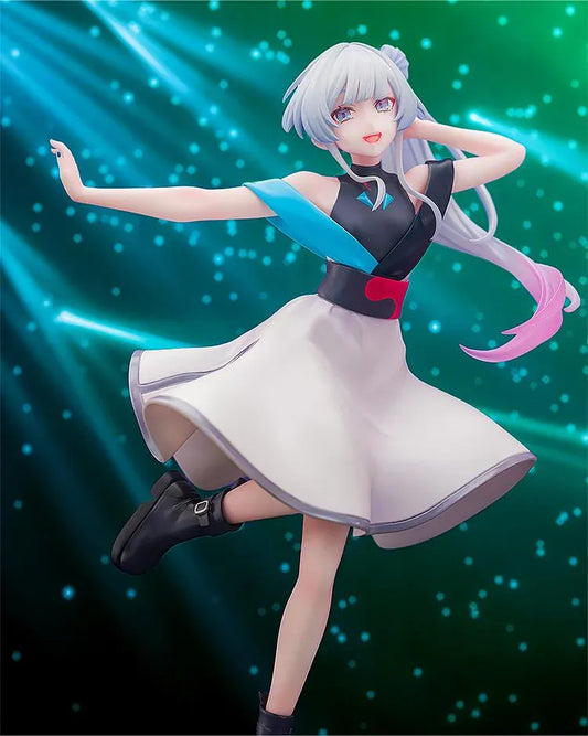 Yachiyo Runami Collaboration Concert Ver. figure with silver and pink-tipped hair, a white concert dress, and black boots, posed with one leg lifted.