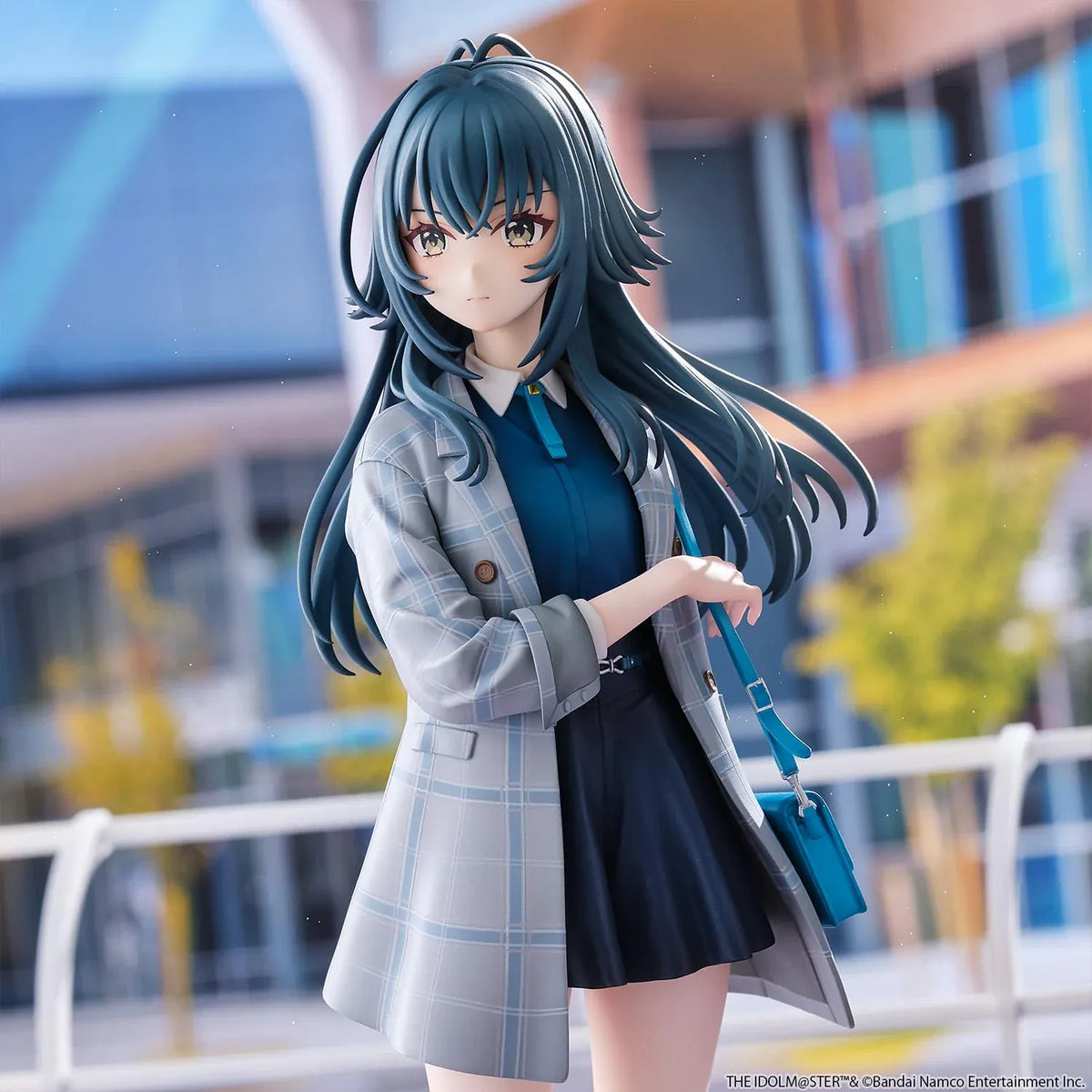 The Idolmaster Gakuen Temari Tsukimura 1/6 scale figure wearing a plaid coat, blue blouse, pleated skirt, and carrying a shoulder bag.