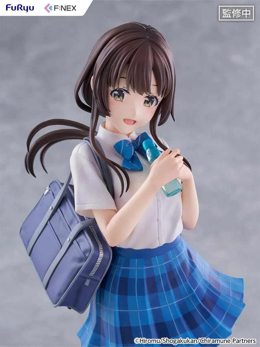 Chitose Is in the Ramune Bottle Yua Uchida 1/7 Scale Figure with brown hair, blue plaid skirt, school uniform outfit, shoulder bag, drink bottle accessory, and display base