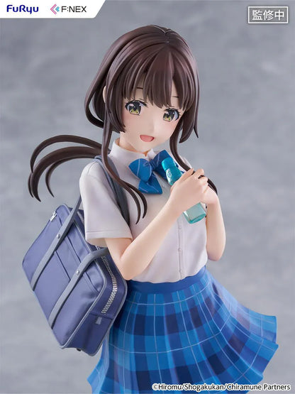 Chitose Is in the Ramune Bottle Yua Uchida 1/7 Scale Figure with brown hair, blue plaid skirt, school uniform outfit, shoulder bag, drink bottle accessory, and display base
