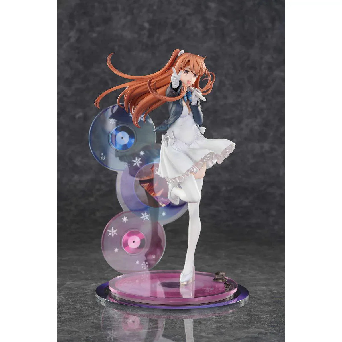 White Album 2 Setsuna Ogiso Reunion 1/6 Scale Figure with white performance outfit, microphone pose, music-disc backdrop, and pink display base