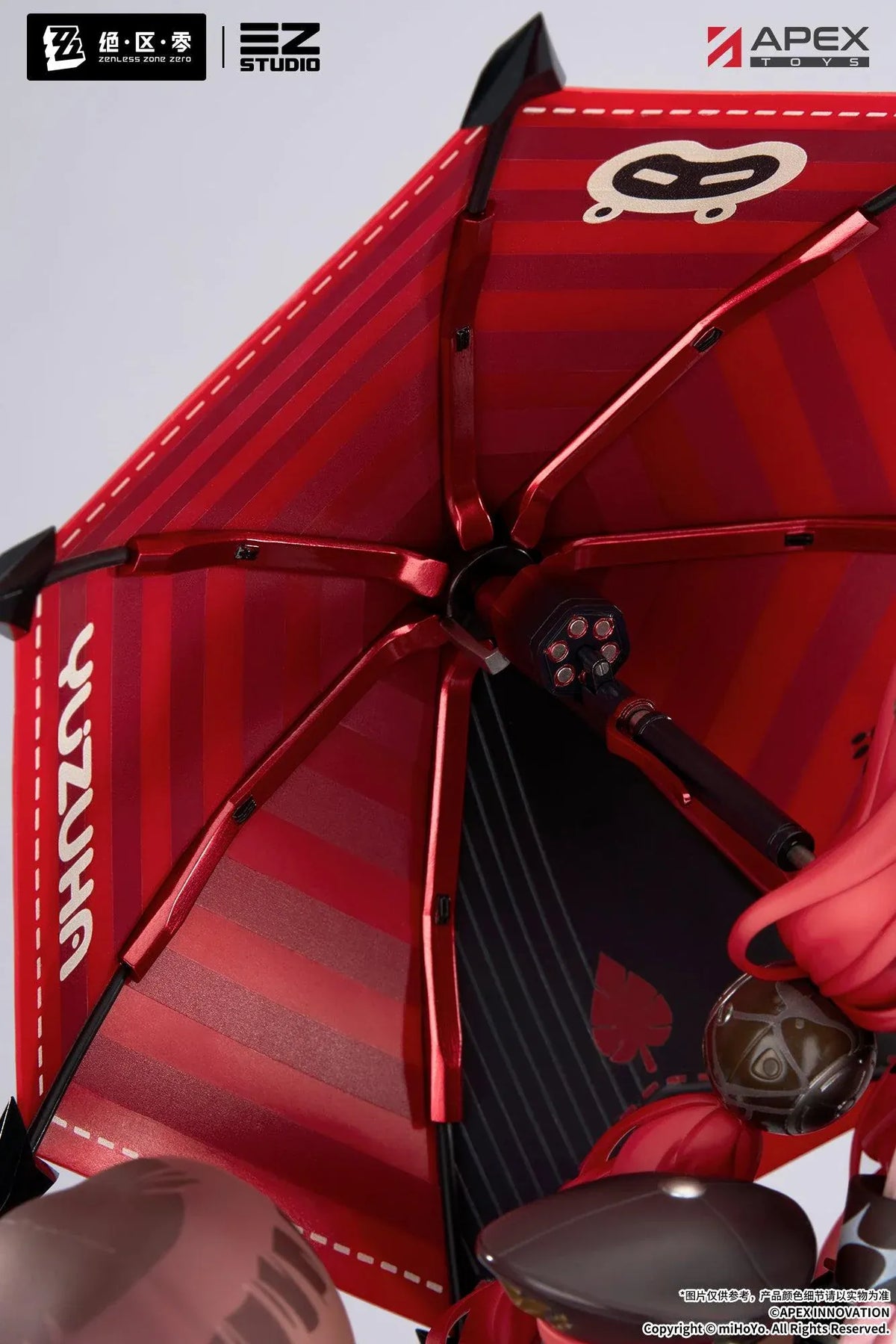 Zenless Zone Zero Yuzuha Ukinami 1/7 Scale Figure by APEX Toys featuring a red-haired anime girl with long braided twin-tails, green eyes, a pink jacket, layered red skirt, striped thigh-high stockings, and black boots while holding a large red umbrella on a circular display base.