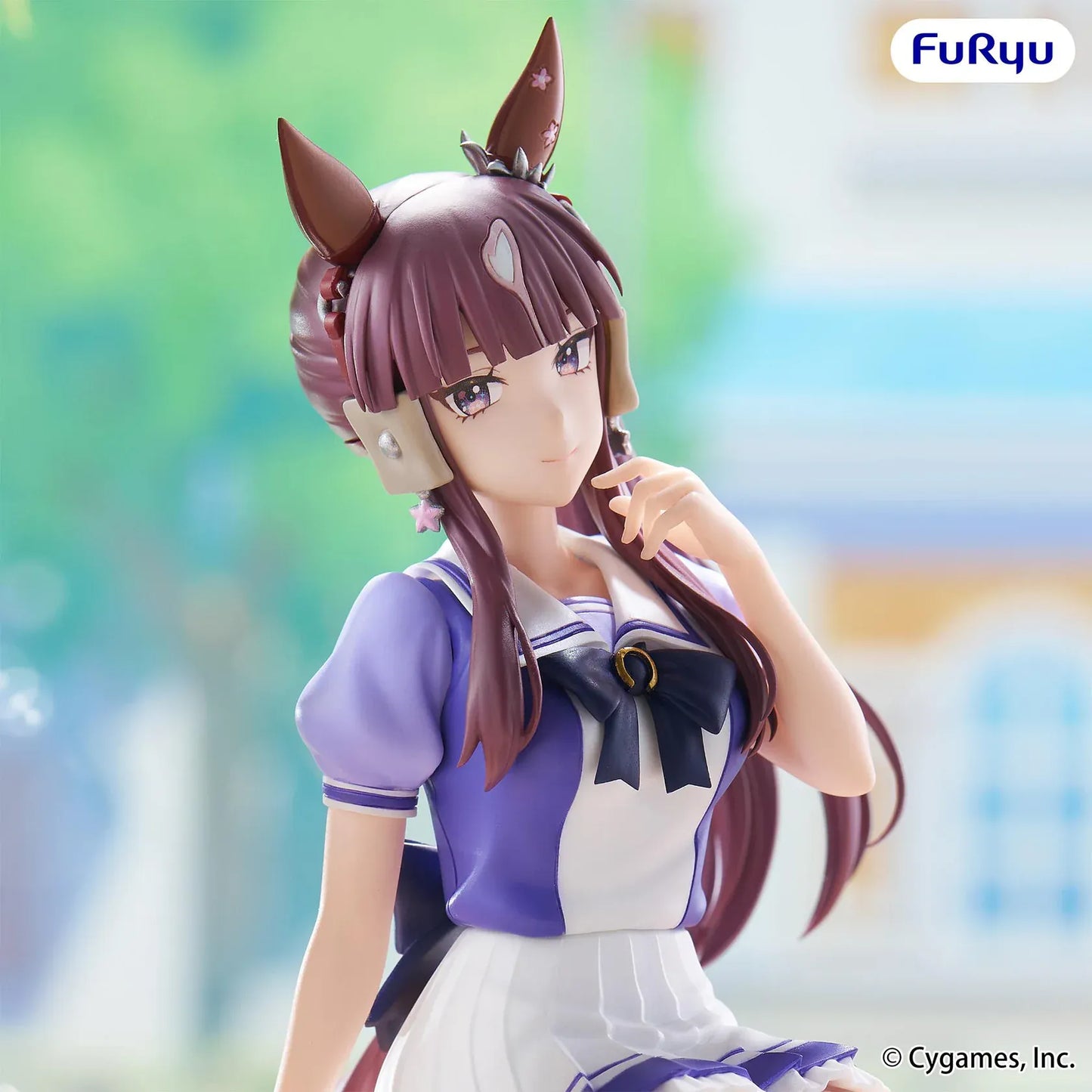Uma Musume Pretty Derby Lucky Lilac Noodle Stopper Figure in a seated pose wearing her school uniform