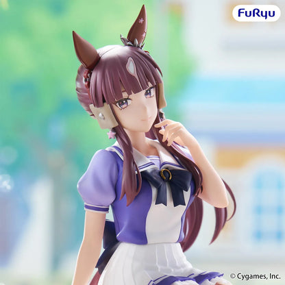Uma Musume Pretty Derby Lucky Lilac Noodle Stopper Figure in a seated pose wearing her school uniform