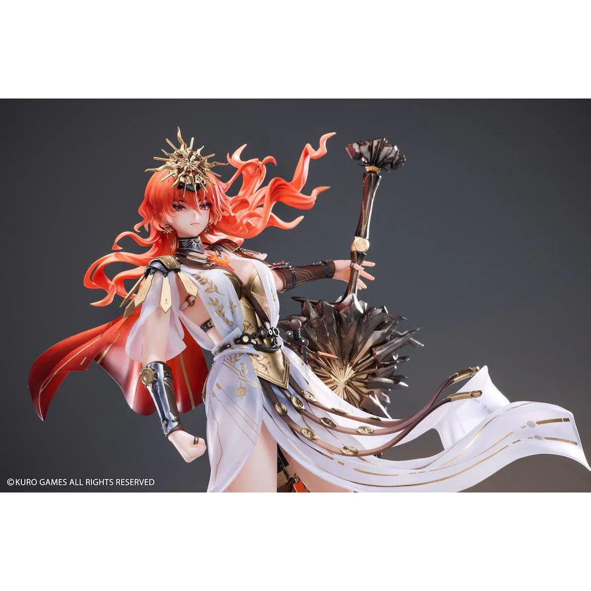Wuthering Waves Augusta 1/7 Scale Figure with orange-red hair, white-and-gold outfit, armor accents, weapon accessory, and rocky display base
