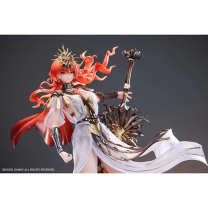 Wuthering Waves Augusta 1/7 Scale Figure with orange-red hair, white-and-gold outfit, armor accents, weapon accessory, and rocky display base
