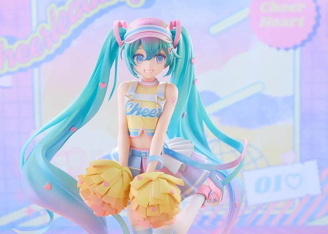 Hatsune Miku Cheerleading Ver. 1/7 scale figure holding yellow pom-poms, with turquoise twin-tails, a pastel outfit, and one leg lifted.