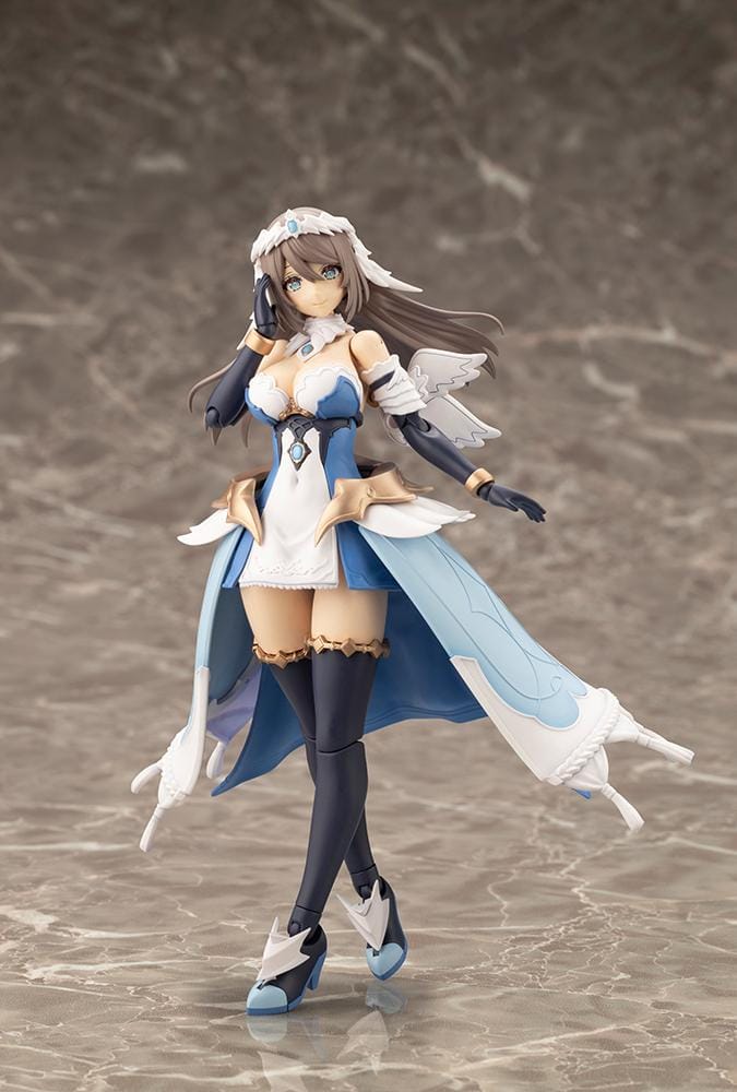 Assembled Arcanadea Ermeda model kit with long brown hair, white feathered wings, a blue and white outfit, gold armor accents, and armored boots.