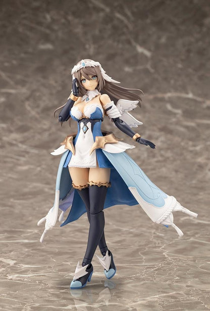 Assembled Arcanadea Ermeda model kit with long brown hair, white feathered wings, a blue and white outfit, gold armor accents, and armored boots.