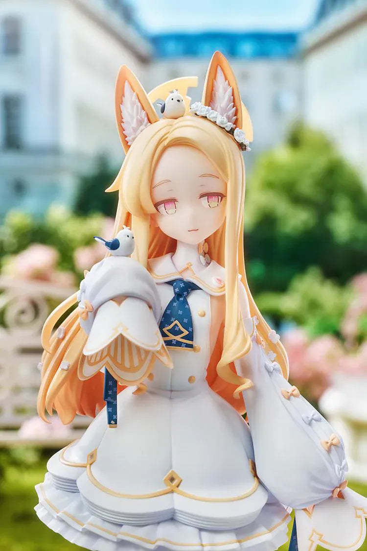 Blue Archive Seia 1/7 Scale Figure with long blonde hair, fox-like ears, white-and-gold outfit, halo, bird companion, and display base