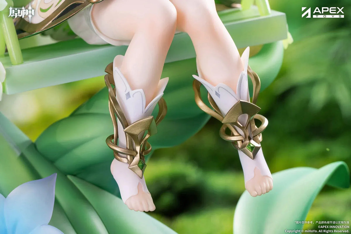 Genshin Impact Nahida Physic of Purity Ver. 1/7 scale figure seated on a green swing surrounded by vines, leaves, and colorful flowers.