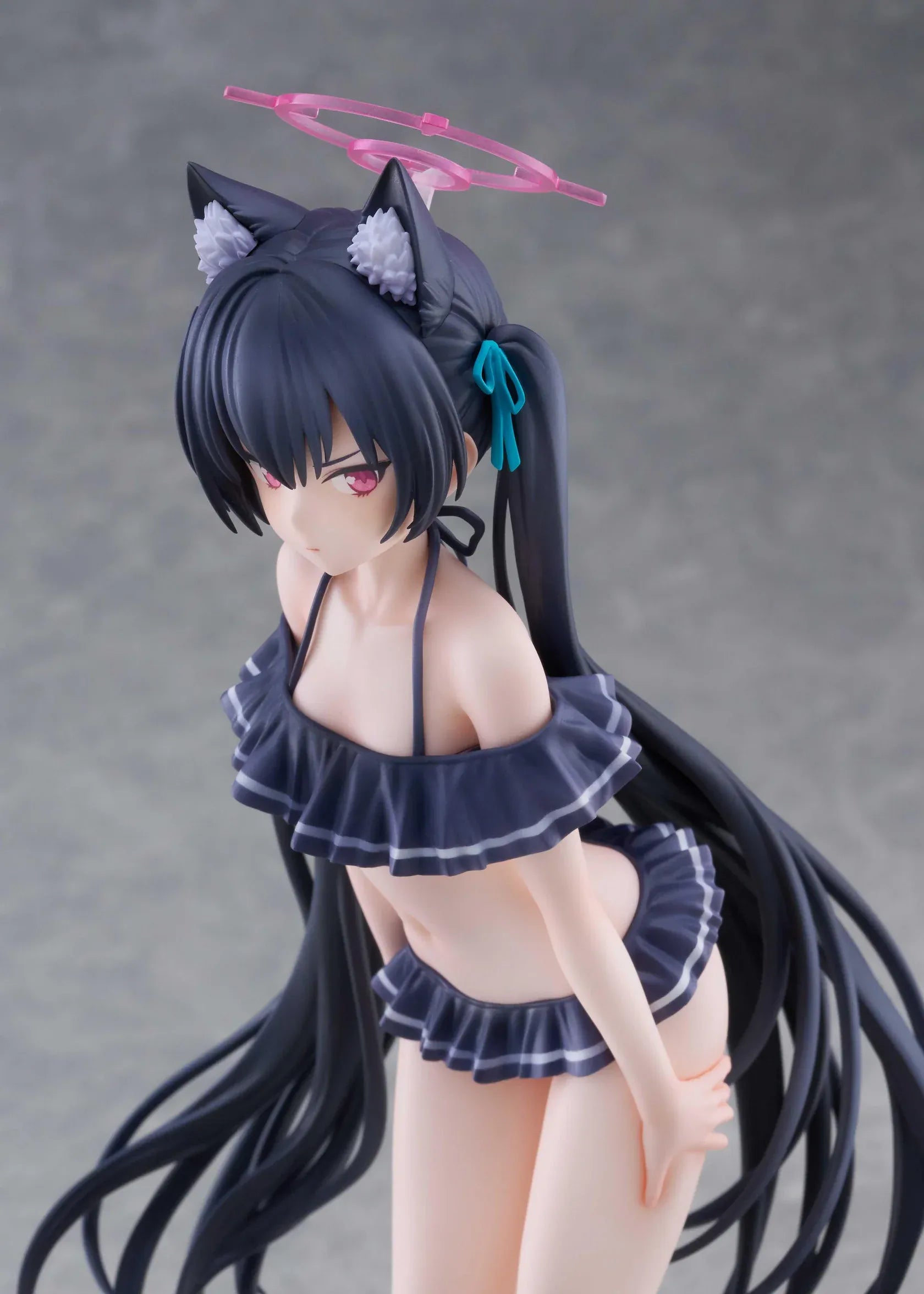 Blue Archive Serika Swimsuit 1/7 Scale Figure featuring Serika with long black hair, cat ears, dark frilled swimsuit, pink halo, platform sandals, and display base.