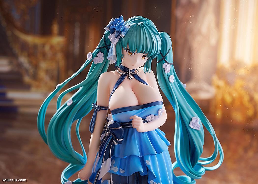 Goddess of Victory Nikke Privaty Banquet Princess 1/7 scale figure wearing flowing blue evening dress with long teal twin-tails.
