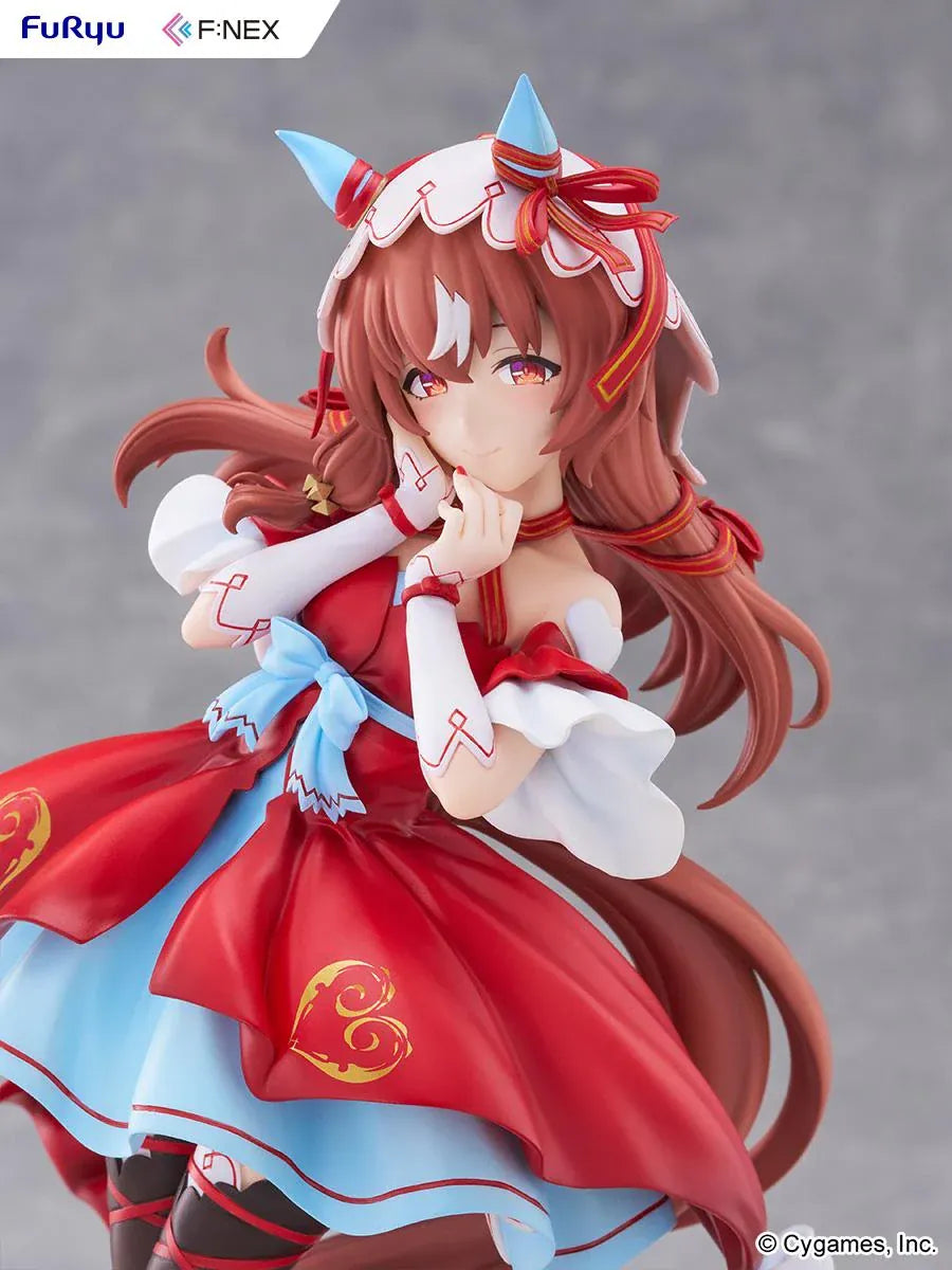 Umamusume Pretty Derby Still in Love 1/7 scale figure in a red and blue performance outfit on a heart-shaped display base
