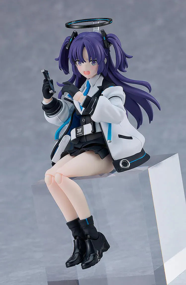 Blue Archive figma Yuuka Hayase Figure Rerelease featuring Yuuka with purple twin tails, academy-style outfit, halo detail, and tactical weapon accessories.