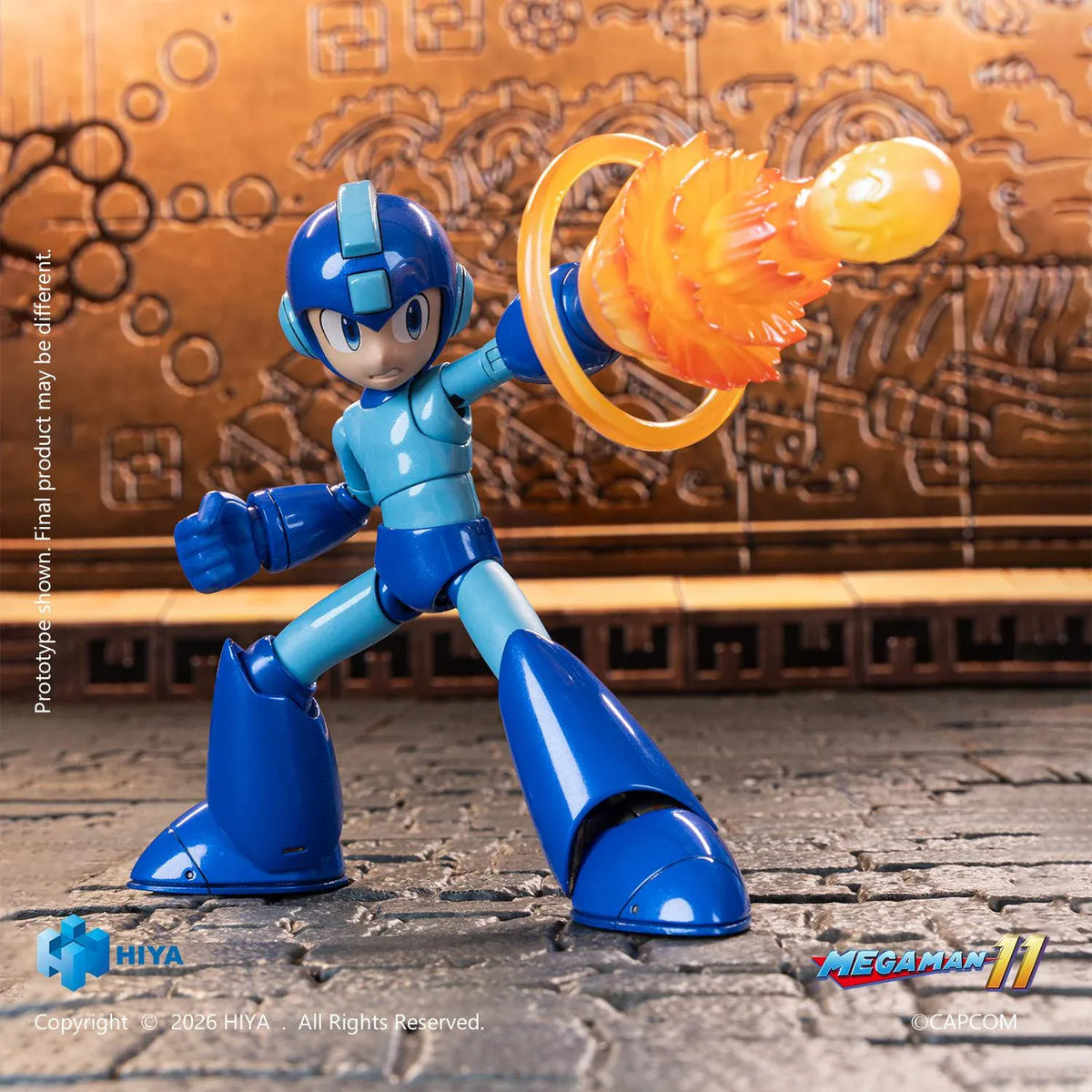 Mega Man Original Series action figure by Hiya Toys with interchangeable faces, hands, Mega Buster, charged-shot effect, and clear display stand.
