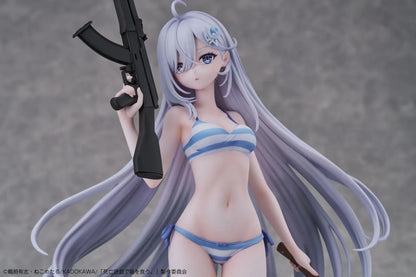 Playing Death Games to Put Food on the Table Yuki 1/7 Scale Figure with long silver hair, blue-and-white outfit, rifle, blade accessory, and display base