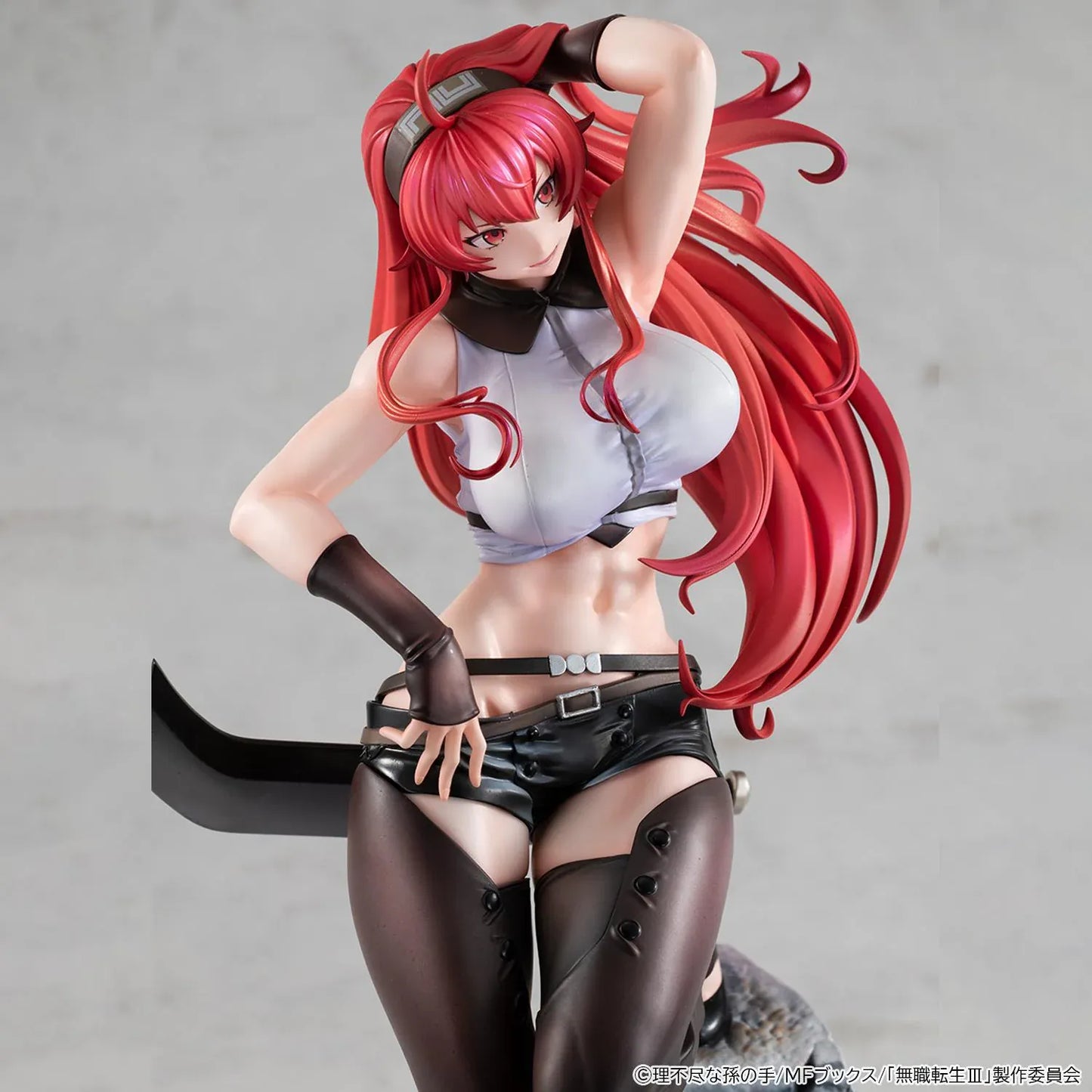 Mushoku Tensei Lucrea Eris Boreas Greyrat Figure with flowing red hair, black and white outfit, and detailed rocky display base
