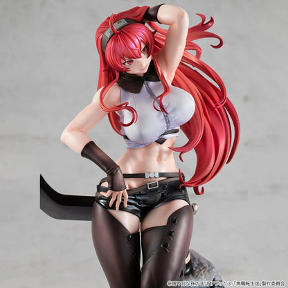 Mushoku Tensei Lucrea Eris Boreas Greyrat Figure with flowing red hair, black and white outfit, and detailed rocky display base