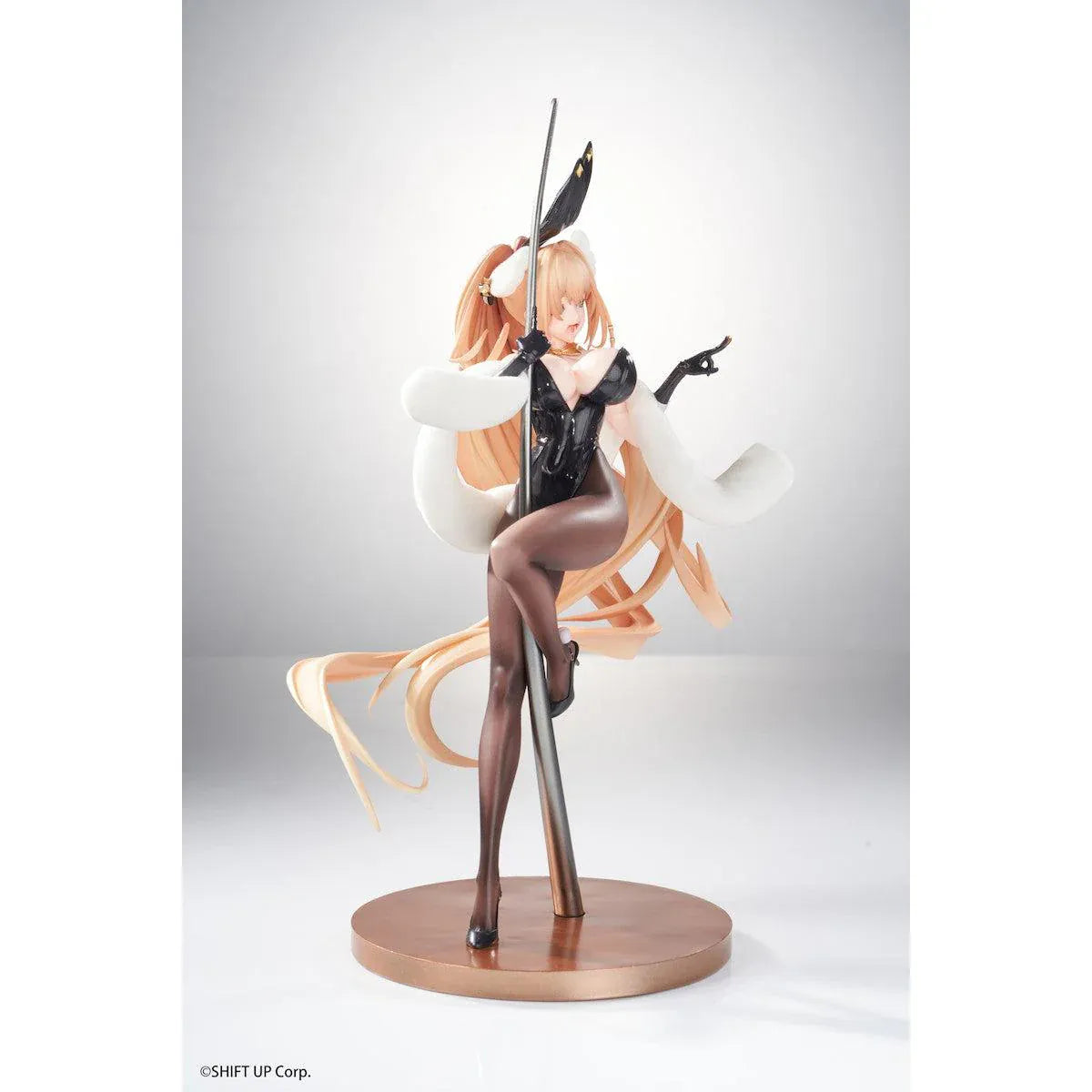 Goddess of Victory Nikke Rupee Lupin Rabbit Deluxe Ver. 1/10 Scale Figure with blonde hair, black bunny ears, rabbit outfit, posing pole, and display base
