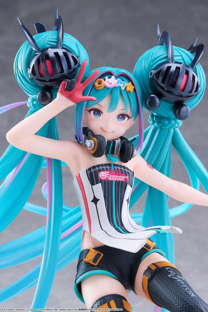Hatsune Miku Taito Kuji Racing Miku 2026 figure wearing a futuristic racing outfit with flowing turquoise twin-tails and headphones.