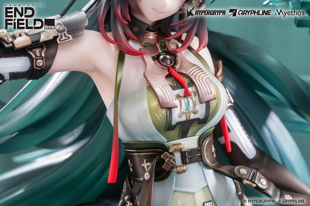 Arknights Endfield Zhuang Fangyi 1/7 scale figure with teal hair and a green outfit, surrounded by a curling dragon and translucent turquoise blades.