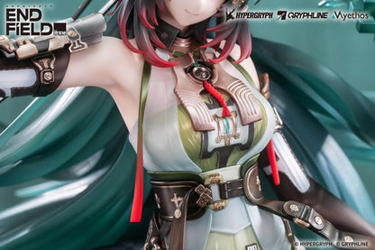Arknights Endfield Zhuang Fangyi 1/7 scale figure with teal hair and a green outfit, surrounded by a curling dragon and translucent turquoise blades.