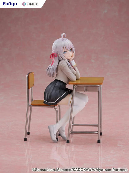 Alya Sometimes Hides Her Feelings in Russian Alya 1/7 Scale Figure by FuRyu F:NEX featuring Alya sitting at a school desk with silver hair and red ribbons