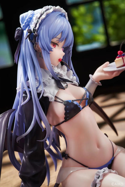 NIYA Maid Ver. figure illustrated by AIKO, with blue hair, a frilled headband, dark wings, and a dessert plate, seated on a wood-patterned base.