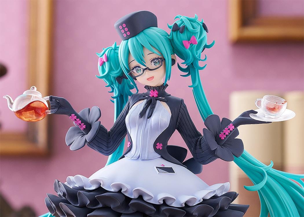 POP UP PARADE Hatsune Miku Glasses x Café Ver figure with glasses, teapot, teacup, and elegant café-themed outfit