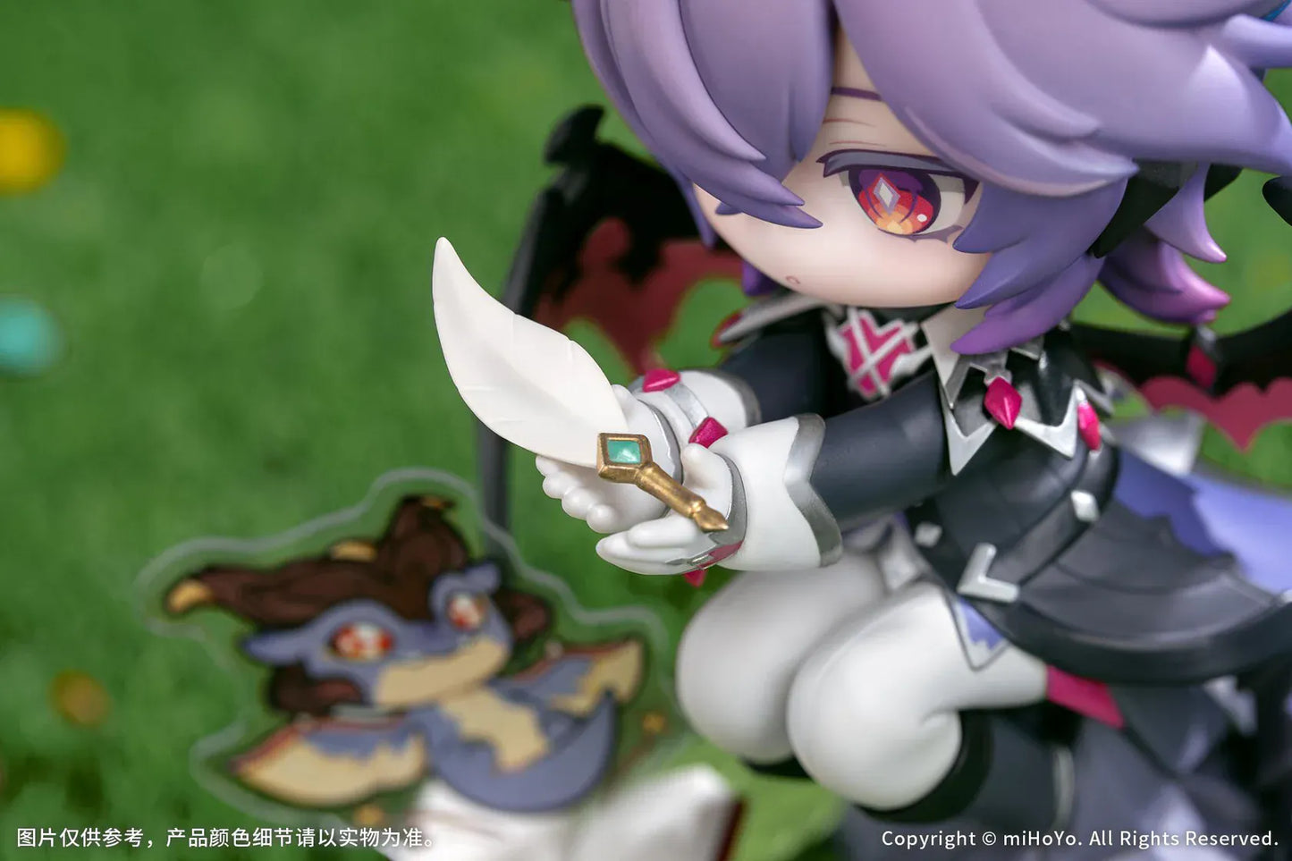 Genshin Impact Durin Floral Wanderings ver. with Bonus Non Scale Figure featuring Durin with lavender hair, horns, bat-like wings, books, companion illustration, and themed display base.