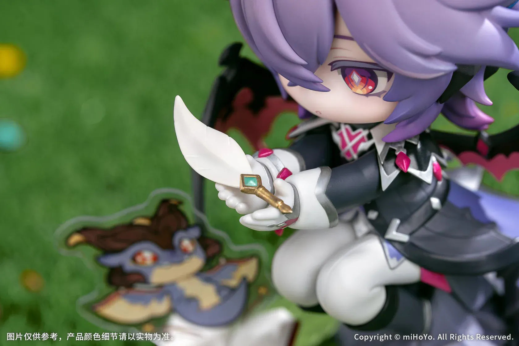 Genshin Impact Durin Floral Wanderings ver. with Bonus Non Scale Figure featuring Durin with lavender hair, horns, bat-like wings, books, companion illustration, and themed display base.