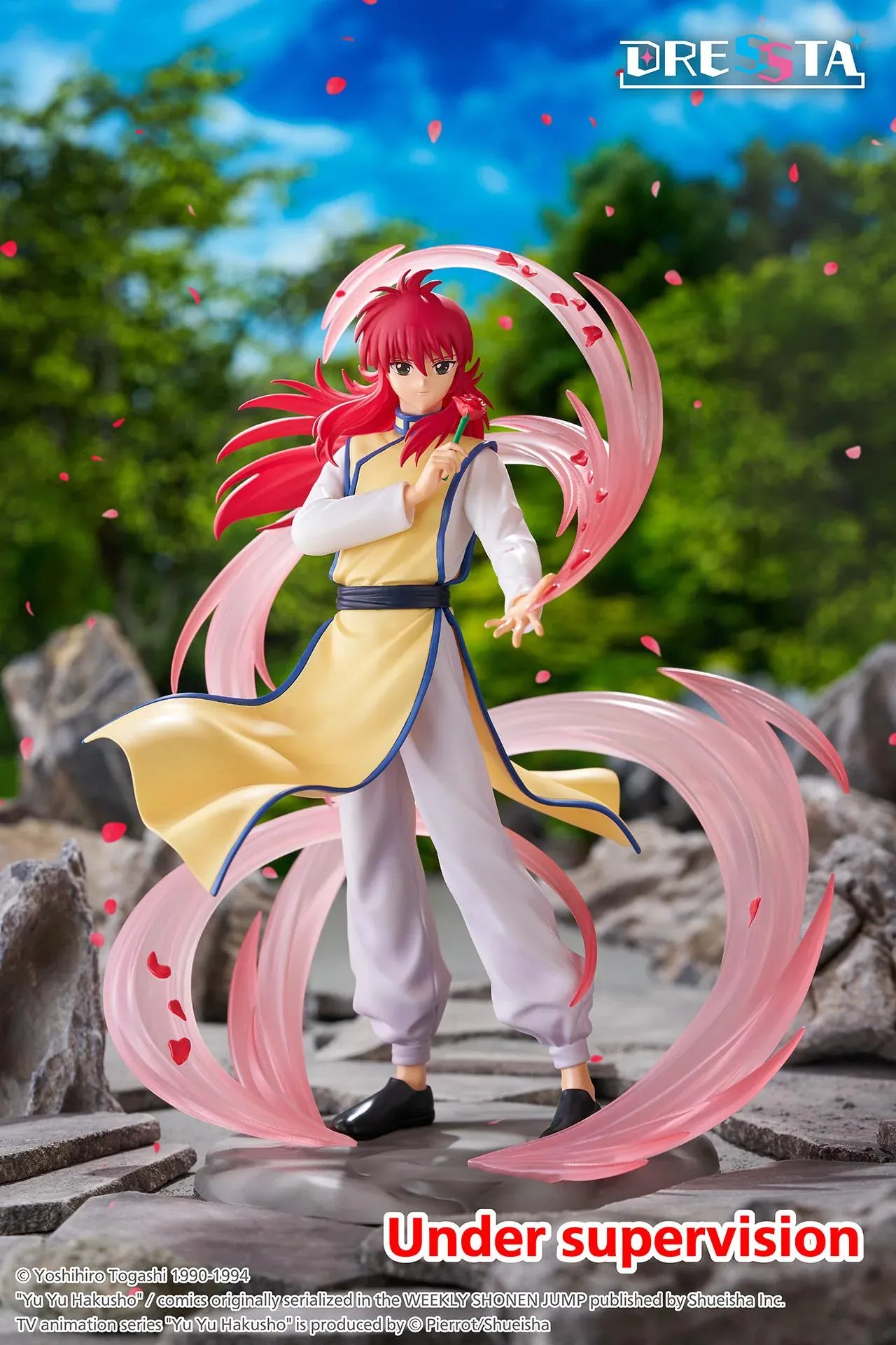 Yu Yu Hakusho Dressta Kurama Figure with red hair, yellow outfit, rose accessory, pink energy effects, and display base