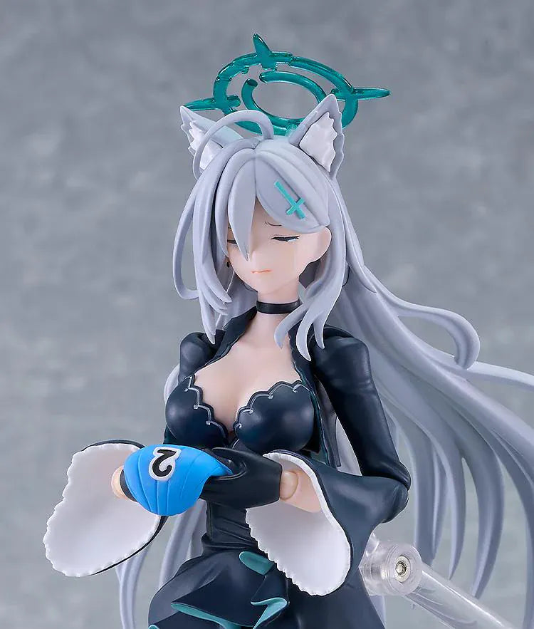 Blue Archive figma Shiroko Terror Figure with silver hair, wolf ears, halo, black outfit, flowing coat, and weapon accessory