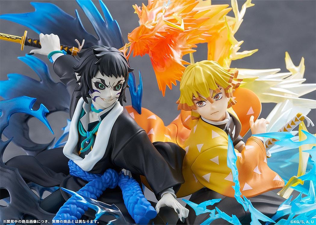 Zenitsu Agatsuma and Kaigaku Demon Slayer figure with lightning effects in dynamic battle pose