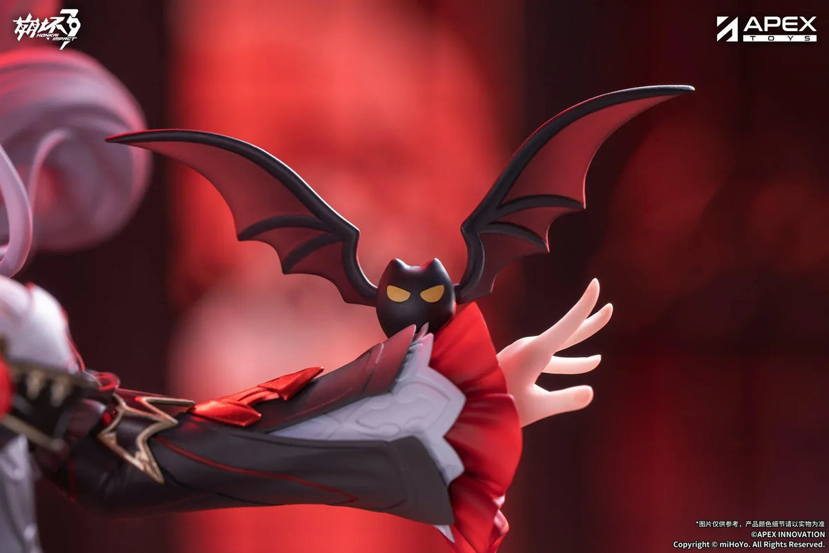 Honkai Impact 3rd Lunar Vow Crimson Love 1/7 scale figure with pale lavender hair, a black-and-red outfit, a small bat, and broken stonework.