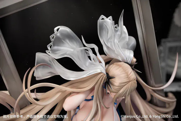 Azur Lane Formidable Anniversary Memories Ver. 1/7 Scale Figure featuring Formidable with long blonde hair, blue-and-white outfit, elegant seated pose, and mirror-style display base.