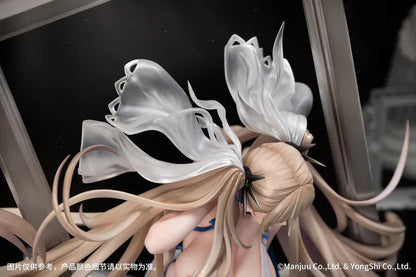 Azur Lane Formidable Anniversary Memories Ver. 1/7 Scale Figure featuring Formidable with long blonde hair, blue-and-white outfit, elegant seated pose, and mirror-style display base.