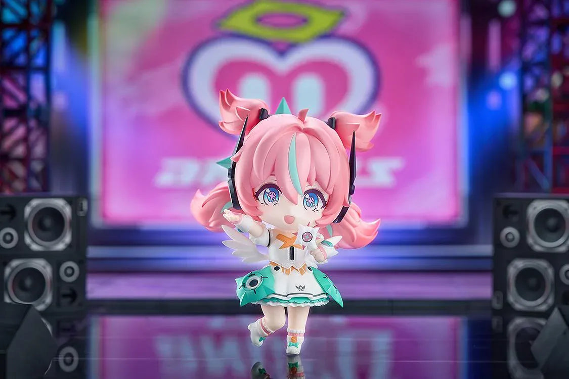 Zenless Zone Zero Nendoroid Aria figure with pink twin tails, a futuristic headset, and a white-and-teal idol outfit.