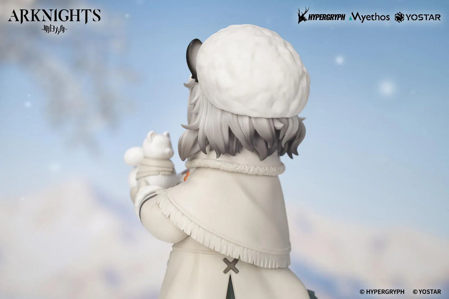 Arknights Rhodes Kids Series Pramanix Non Scale Figure with white hair, animal ears, winter coat, fluffy cape, boots, and bear accessory