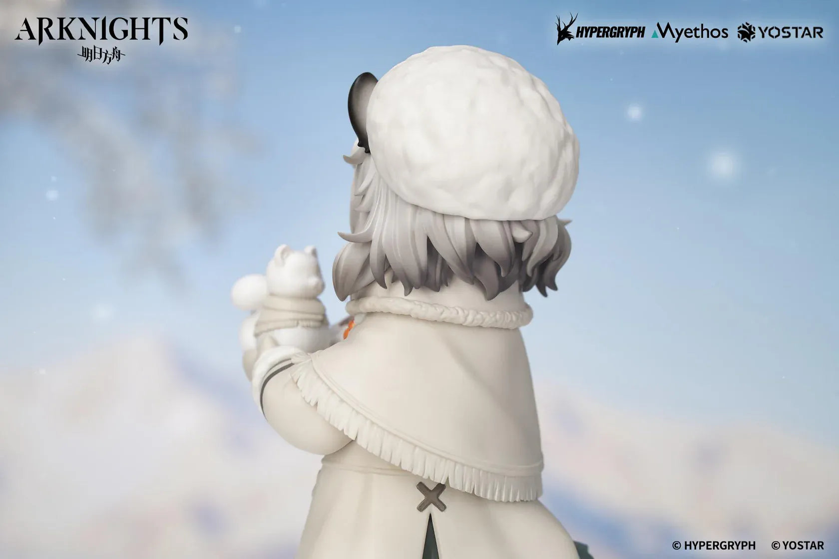 Arknights Rhodes Kids Series Pramanix Non Scale Figure with white hair, animal ears, winter coat, fluffy cape, boots, and bear accessory