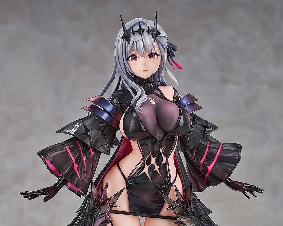 1/7 scale figure of Modernia from Goddess of Victory: Nikke in her Second Affection outfit, wearing a black coat with crimson lining and large mechanical wing units extending from her sides.