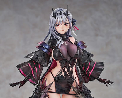 1/7 scale figure of Modernia from Goddess of Victory: Nikke in her Second Affection outfit, wearing a black coat with crimson lining and large mechanical wing units extending from her sides.