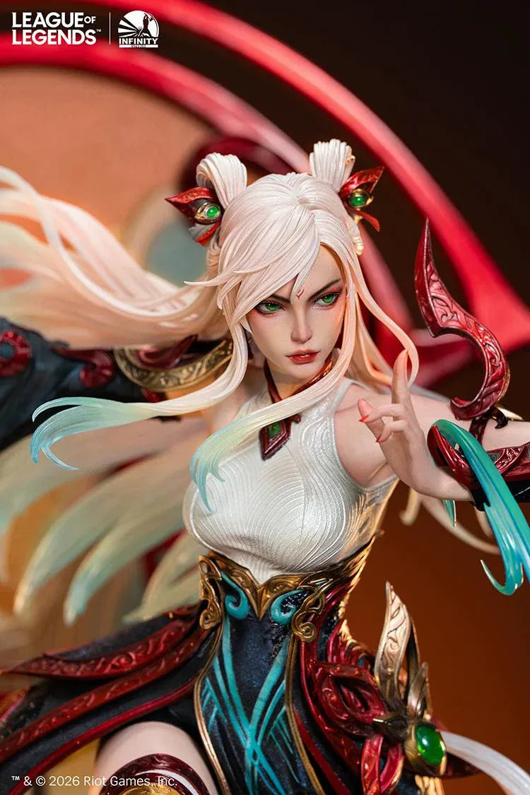 Infinity Studio League of Legends Mythmaker Irelia 1/4 scale figure surrounded by floating red blades, translucent waves, and an ornate base.