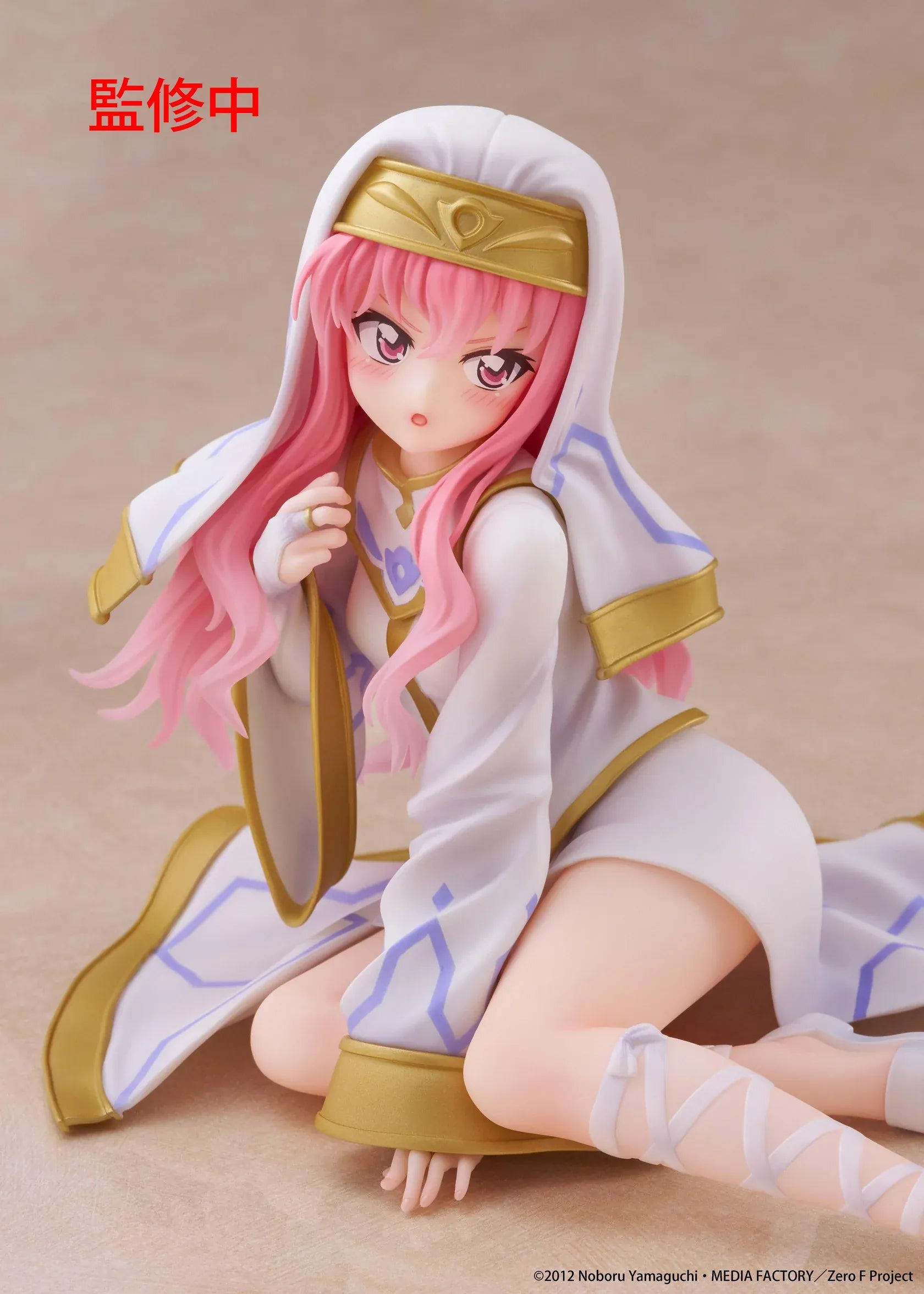The Familiar of Zero Desktop Cute Louise Miko Outfit Ver. figure seated in a white-and-gold ceremonial outfit with long pink hair.