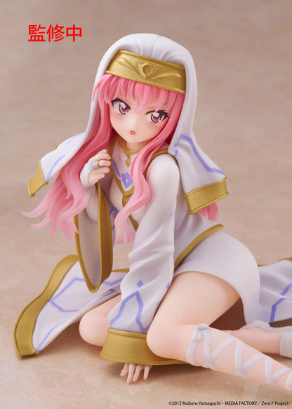 The Familiar of Zero Desktop Cute Louise Miko Outfit Ver. figure seated in a white-and-gold ceremonial outfit with long pink hair.